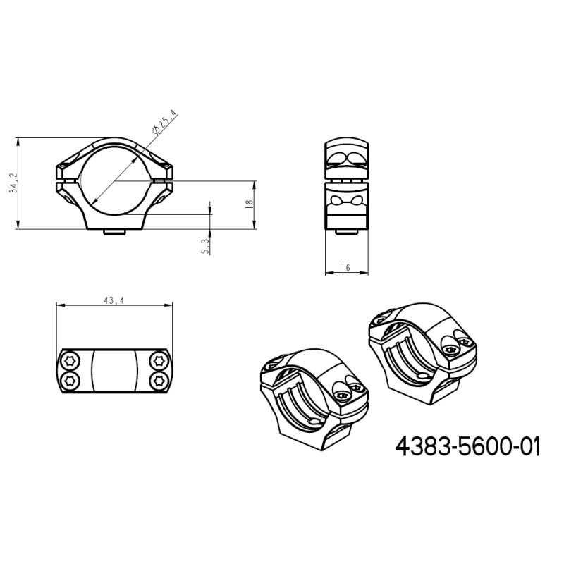 1 toll optikakinnitus [25,4mm] | lühike Picatinny QD Ergo alus 